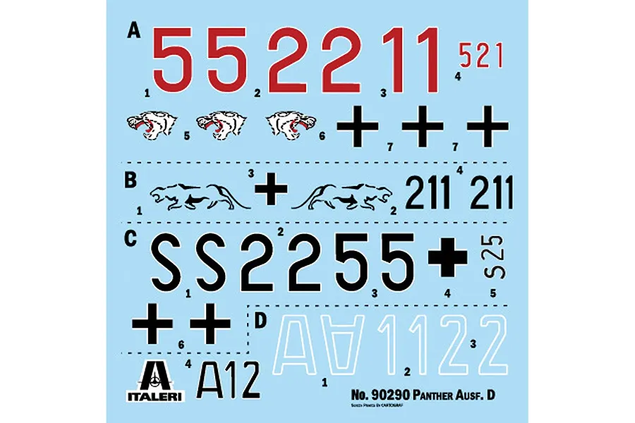 A decal sheet for the Italeri 1/35 Pz. Kpfw. V Panther Ausf. D model kit, featuring various numbers, German crosses, and panther emblems.