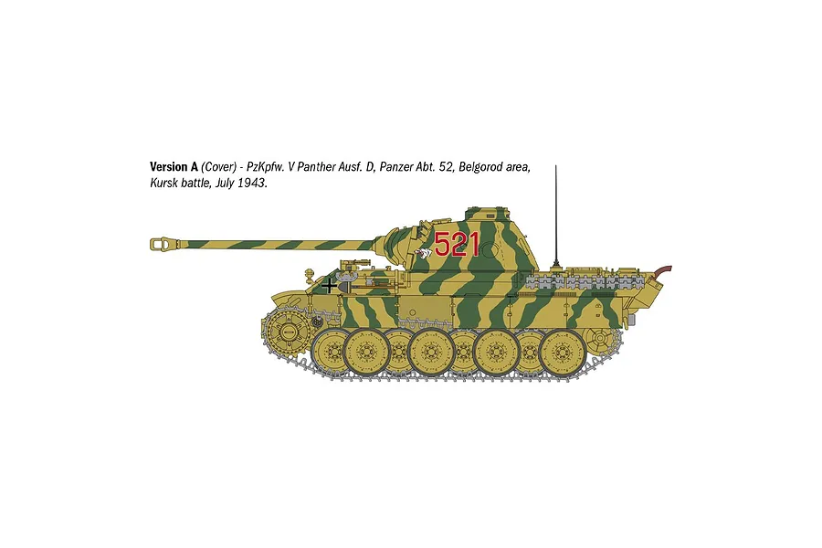 A side-profile digital illustration of a Pz.Kpfw. V Panther Ausf. D tank with a green and tan camouflage pattern, marked with the number 521.