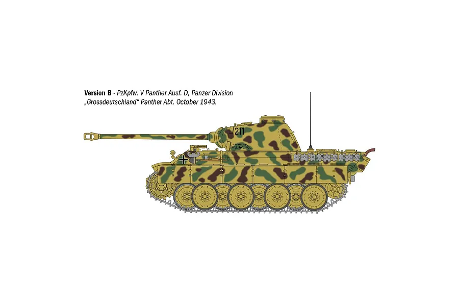 A side-profile illustration of a German Pz. Kpfw. V Panther Ausf. D tank with a camouflage pattern, marked with the number 211.
