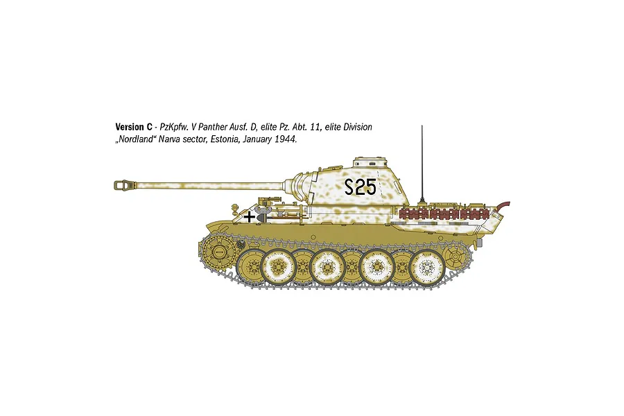 A digital illustration showing the side profile of a Pz. Kpfw. V Panther Ausf. D tank with a winter camouflage paint scheme and the number S25 on the turret.