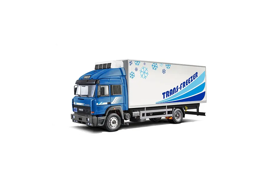 A 1/24 scale model of an Iveco Turbostar 190.48 reefer truck with a blue cab and white refrigerated trailer featuring snowflake graphics.