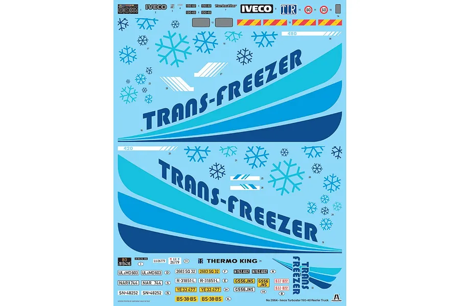 A decal sheet for the Italeri 1/24 scale Iveco Turbostar 190.48 model truck, featuring Trans-Freezer branding, snowflake graphics, and various license plates.