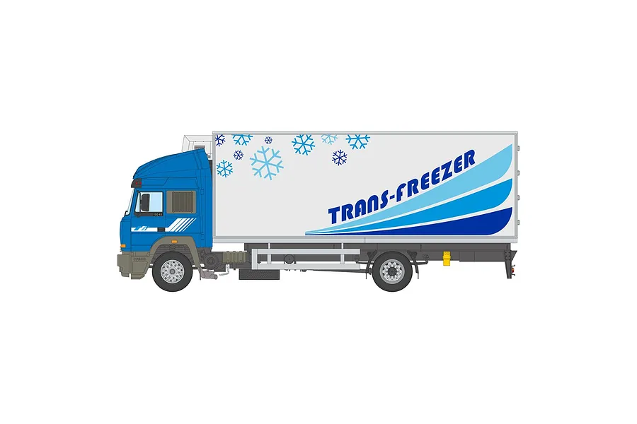 A digital illustration of an Iveco Turbostar 190.48 reefer truck, featuring a blue cab and a white trailer with snowflake graphics and Trans-Freezer branding.
