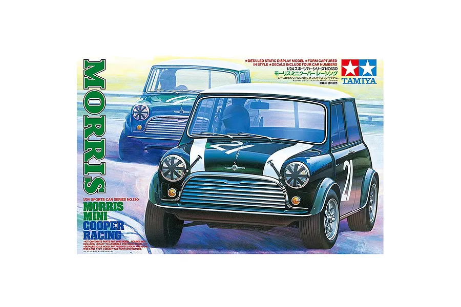 Box art for Tamiya 1/24 Morris Mini Cooper Racing model kit showing two racing Mini Coopers on a track.