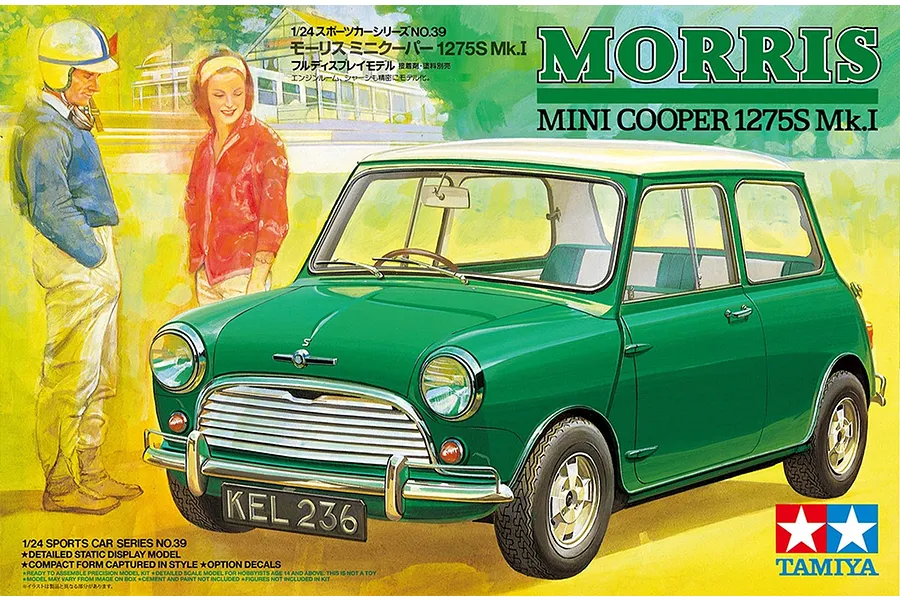 Box art for Tamiya 1/24 Morris Mini Cooper 1275S Mk.I model kit featuring a green Mini and two people in a park setting.
