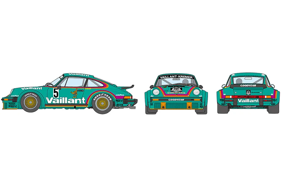 A digital illustration showing the side, front, and rear views of a teal Porsche 934 Turbo RSR Vaillant race car with racing decals.