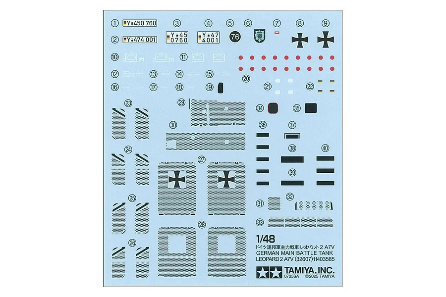 A decal sheet for the Tamiya 1/48 scale Leopard 2 A7V model kit, featuring various markings, numbers, and mesh patterns on a light blue backing paper.