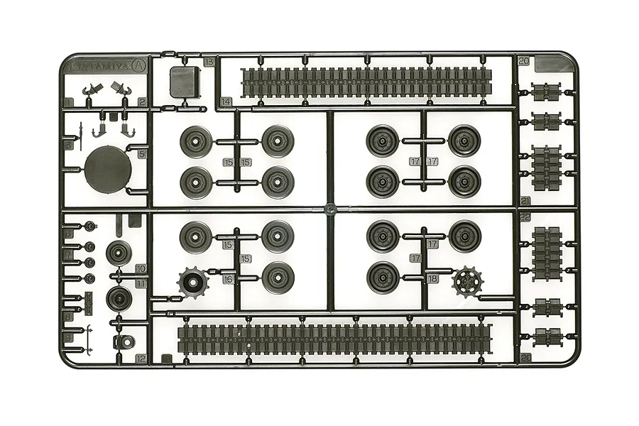 A dark green plastic sprue frame labeled A containing various tank model parts including road wheels, track links, and sprockets.