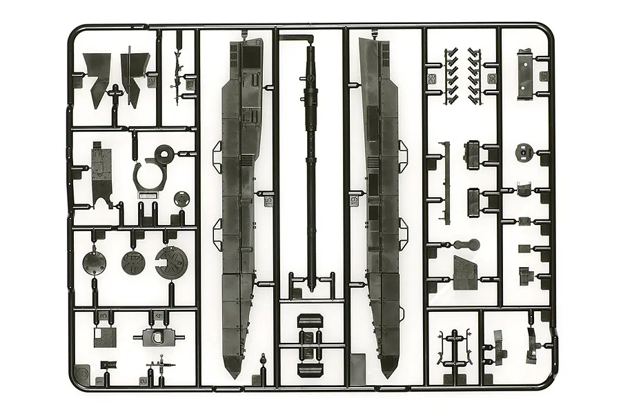 A plastic model kit sprue for a Tamiya 1/48 scale Leopard 2 A7V tank, featuring various grey plastic parts attached to a frame.