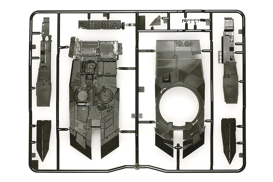 A plastic model kit sprue containing various dark grey tank hull and turret parts for a 1/48 scale Leopard 2 A7V model.
