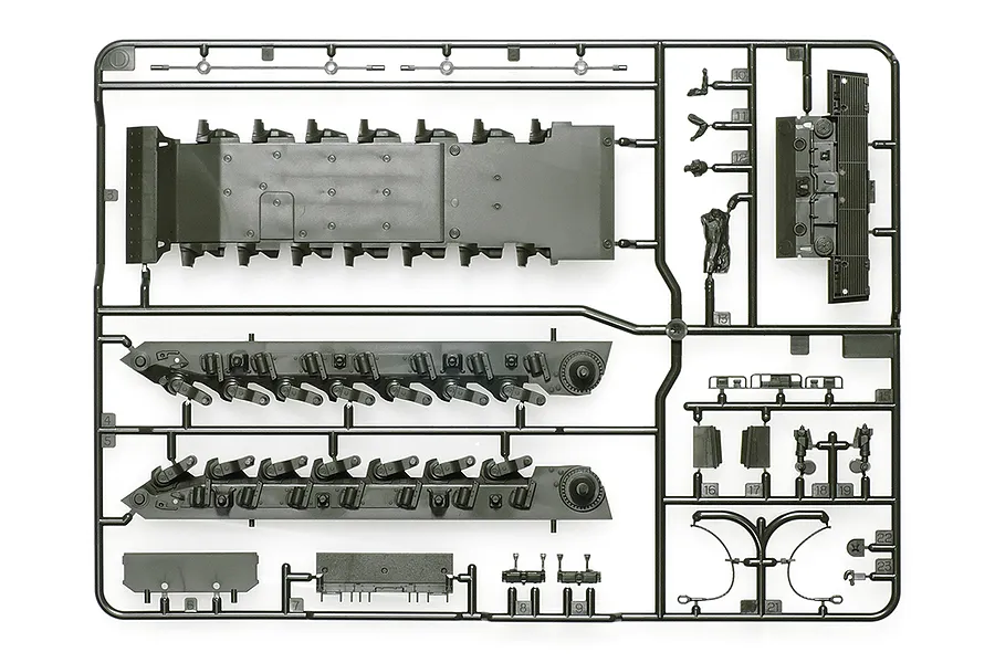 A dark green plastic sprue frame D from a Tamiya 1/48 scale Leopard 2 A7V model kit, showing various tank hull and suspension parts.