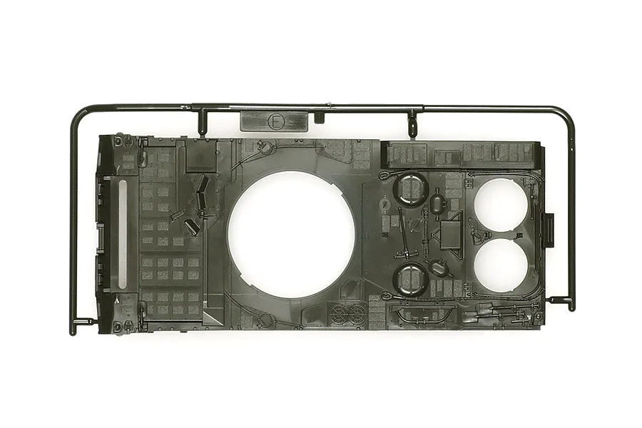 A dark green plastic sprue containing the upper hull section for a 1/48 scale Tamiya Leopard 2 A7V model tank kit.