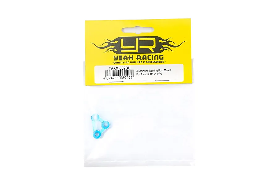 Yeah Racing blue aluminium steering post mount for Tamiya XM-01 PRO in original yellow and clear plastic retail packaging.