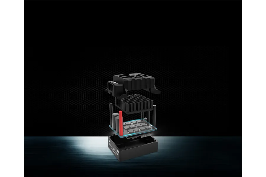 Exploded view of the ZTW Beast SL 150A G2 ESC showing internal components like the heatsink, fan, and circuit board against a dark background.