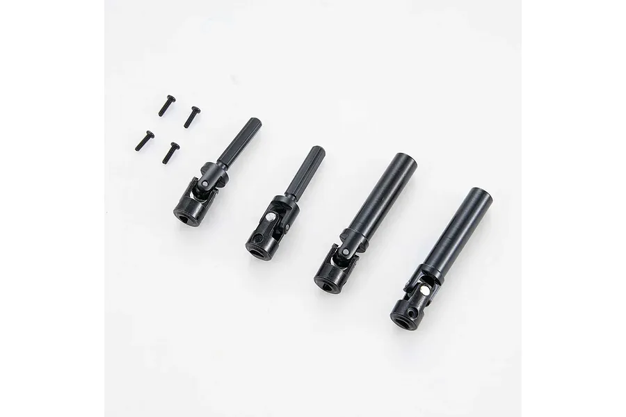 A set of four black metal CVD driveshafts and four small black screws on a plain white background.
