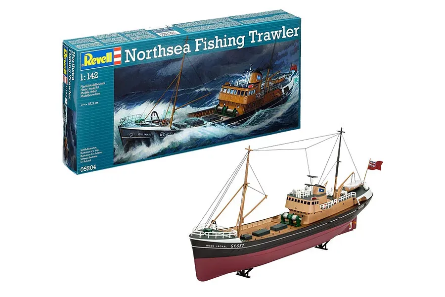 Revell 1/142 scale Northsea Fishing Trawler plastic model kit box and the fully assembled and painted model ship.