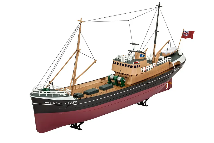 A fully assembled and painted Revell 1/142 scale model of the Ross Jackal North Sea fishing trawler on a white background.
