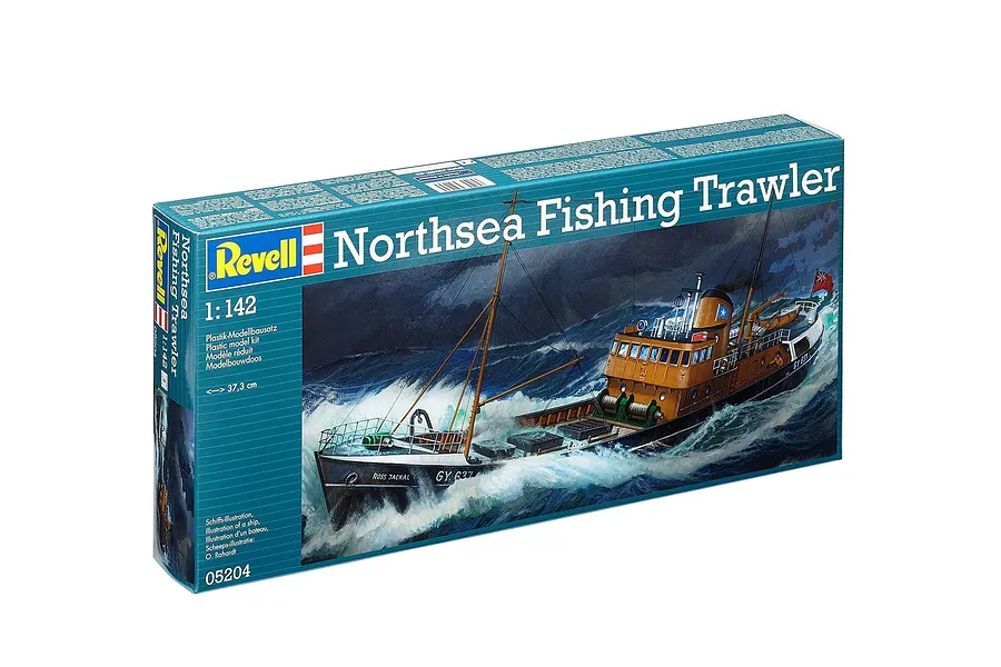 Revell 1/142 scale Northsea Fishing Trawler plastic model kit box showing an illustration of a ship in rough seas.