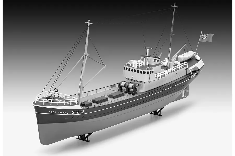 A completed Revell 1/142 scale plastic model of the Northsea Fishing Trawler Ross Jackal GY.637, displayed on a stand against a grey gradient background.