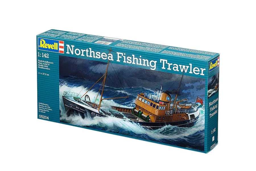 Revell 1/142 scale Northsea Fishing Trawler plastic model kit box showing an illustration of a trawler in rough seas.