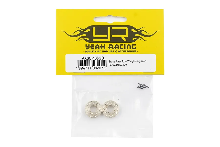 Yeah Racing brass rear axle weights for Axial SCX30 in retail packaging.