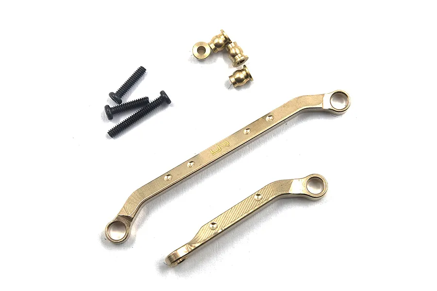 Yeah Racing brass steering linkage set including two metal links, three ball studs, and three black screws on a white background.