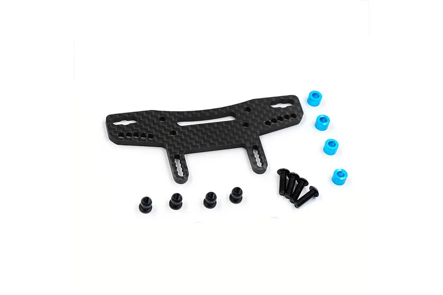 A carbon fibre rear shock tower for an RC car, accompanied by four blue aluminium spacers, four black ball studs, and four black screws.