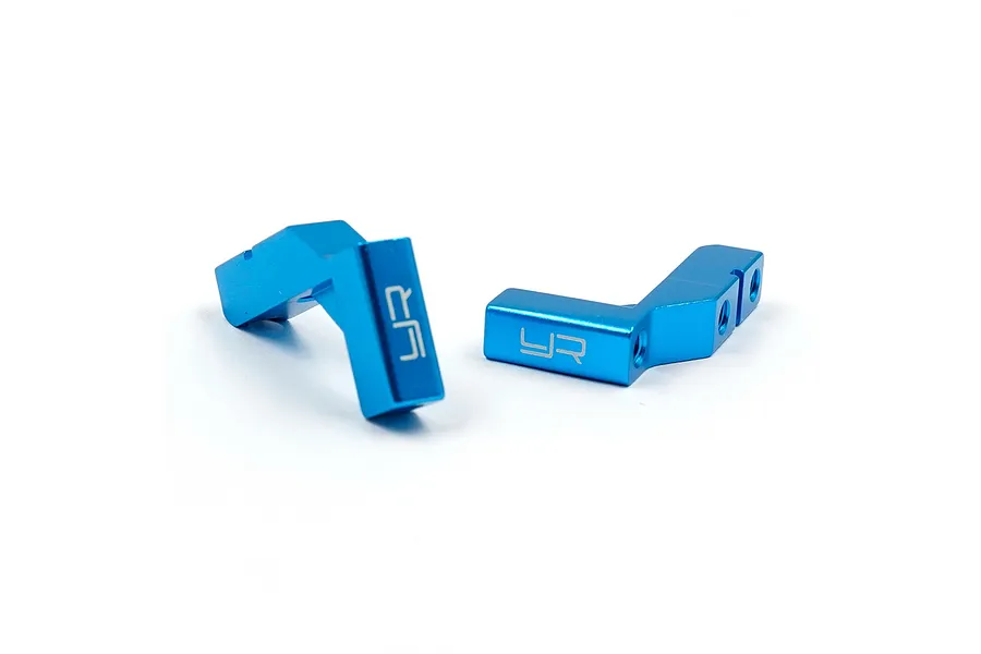 Two blue anodized aluminium servo mounts by Yeah Racing, featuring the YR logo laser-etched on the side.