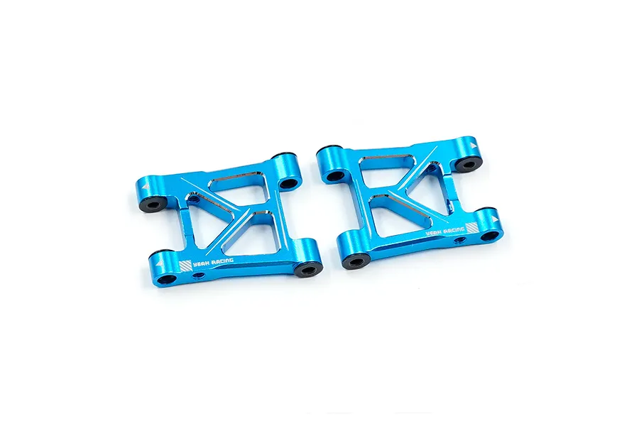A pair of blue anodized aluminium RC rear suspension arms by Yeah Racing on a white background.