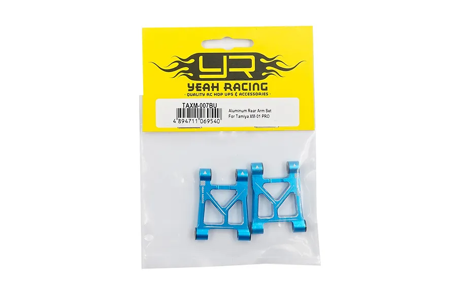 Two blue anodized aluminium rear suspension arms for Tamiya XM-01 PRO in original Yeah Racing packaging.