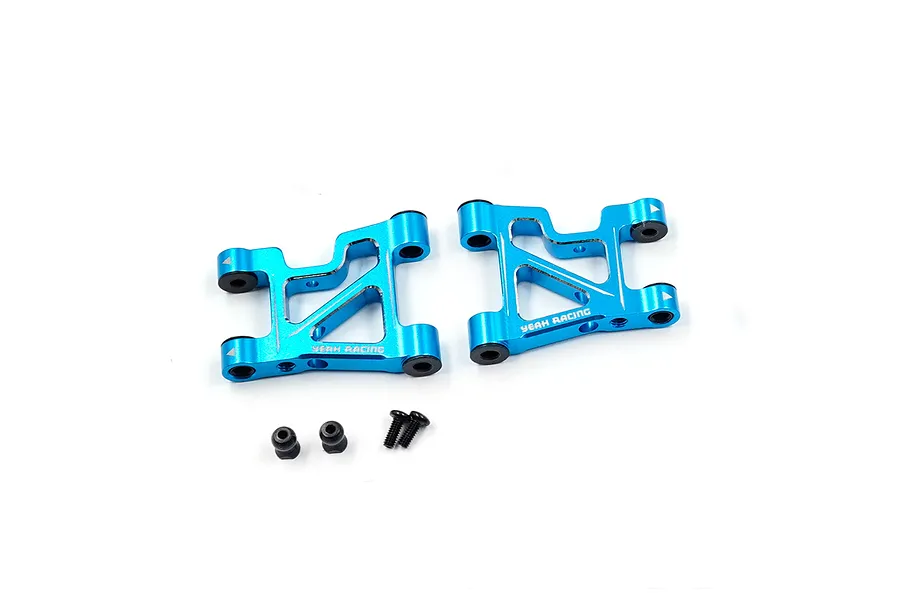 Two blue anodized aluminium front suspension arms for RC cars by Yeah Racing, with small black hardware components included.
