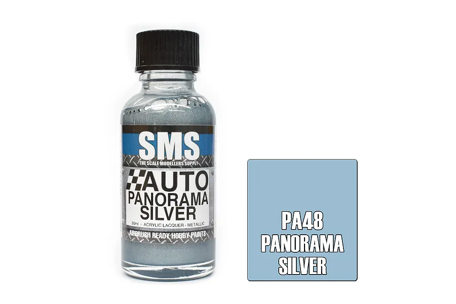 A 30ml bottle of Scale Modellers Supply Auto Panorama Silver paint next to a light blue color swatch square.