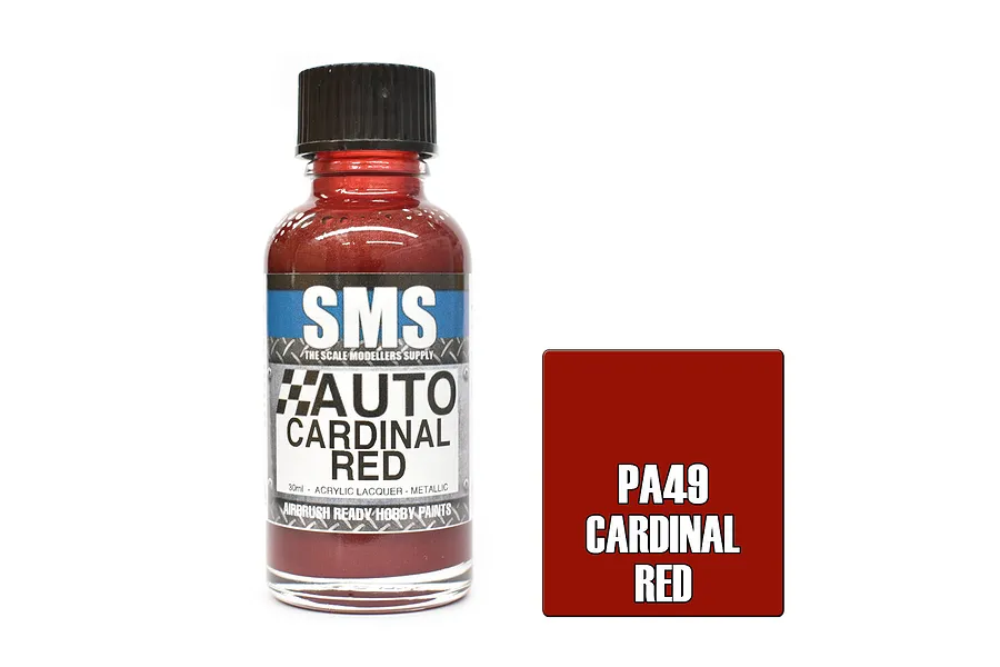 A 30ml bottle of Scale Modellers Supply Auto Cardinal Red paint next to a red color swatch labeled PA49.