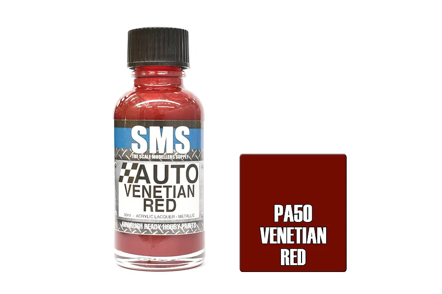 A 30ml bottle of SMS Auto Venetian Red paint with a black cap, next to a red color swatch square labeled PA50 Venetian Red.