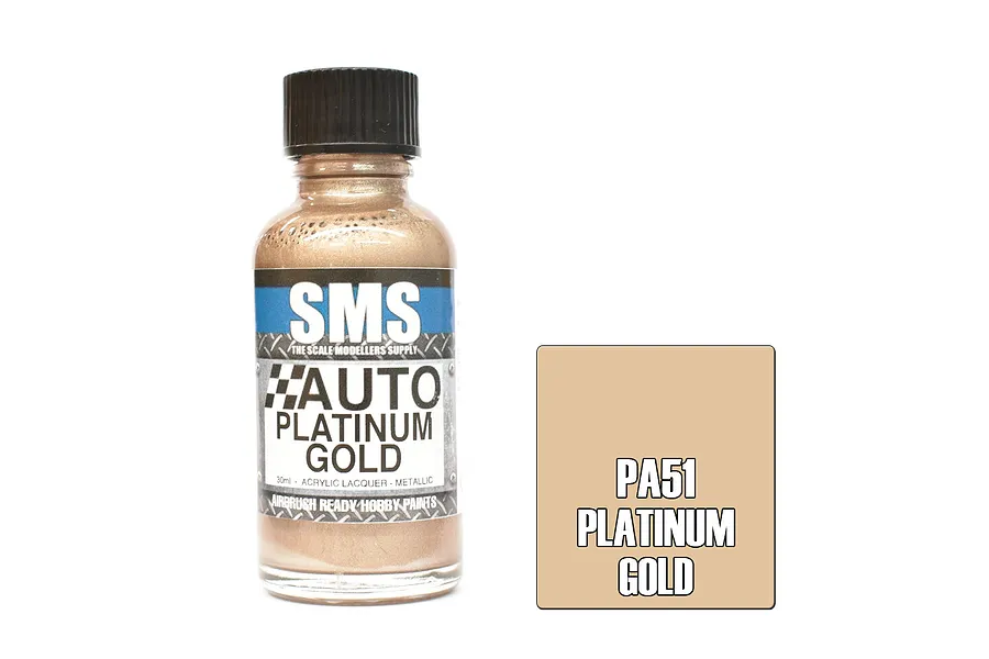 A 30ml bottle of SMS Auto Platinum Gold paint next to a square color swatch labeled PA51 Platinum Gold.