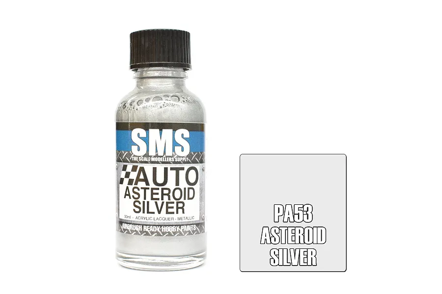 A 30ml bottle of Scale Modellers Supply Auto Asteroid Silver acrylic lacquer paint next to a square color swatch labeled PA53 Asteroid Silver.