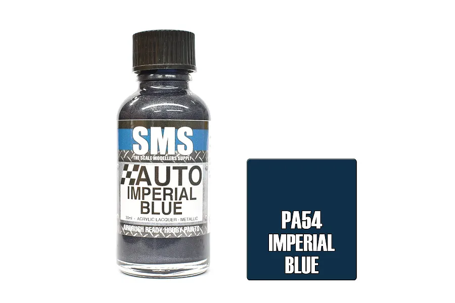 A 30ml bottle of Scale Modellers Supply Auto Imperial Blue metallic acrylic lacquer paint next to a blue color swatch labeled PA54.