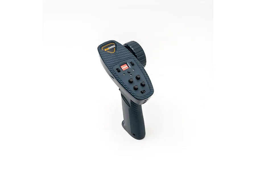 FMS MG41 V5 2.4GHz RC transmitter with a carbon fiber pattern finish, featuring a steering wheel and various adjustment dials on a white background.