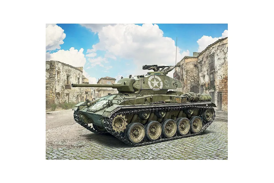 Box art illustration of an Italeri 1/35 scale M24 Chaffee light tank in a war-torn European street setting.