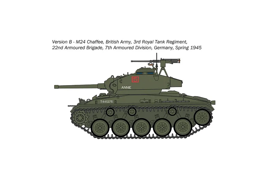 A digital illustration showing the side profile of an M24 Chaffee light tank in olive drab livery with British Army markings.