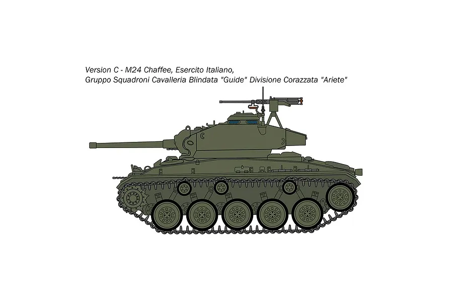 A side-profile illustration of an M24 Chaffee light tank in olive green, labeled as Version C for the Italian Army.