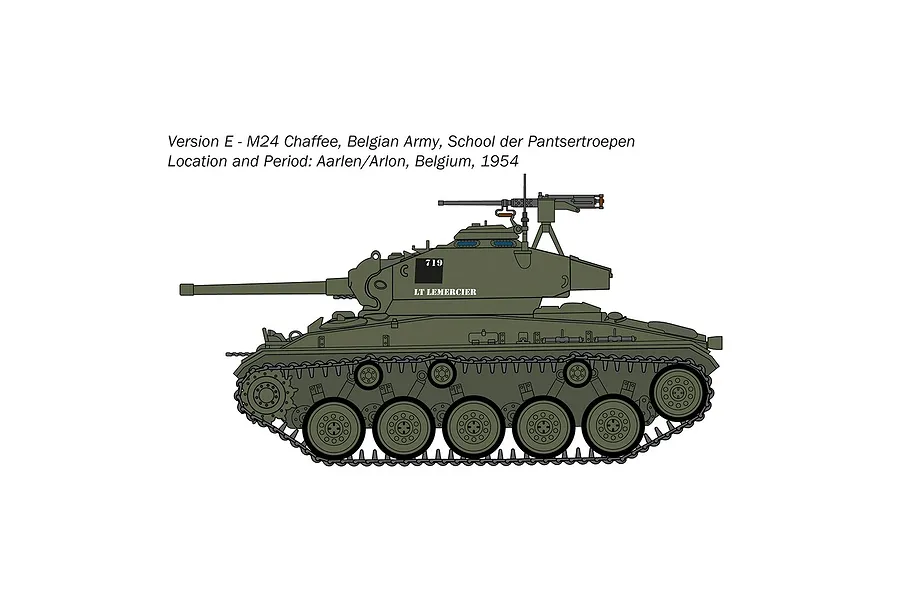 A side-profile digital illustration of an M24 Chaffee tank in olive green, showing markings for the Belgian Army in 1954.