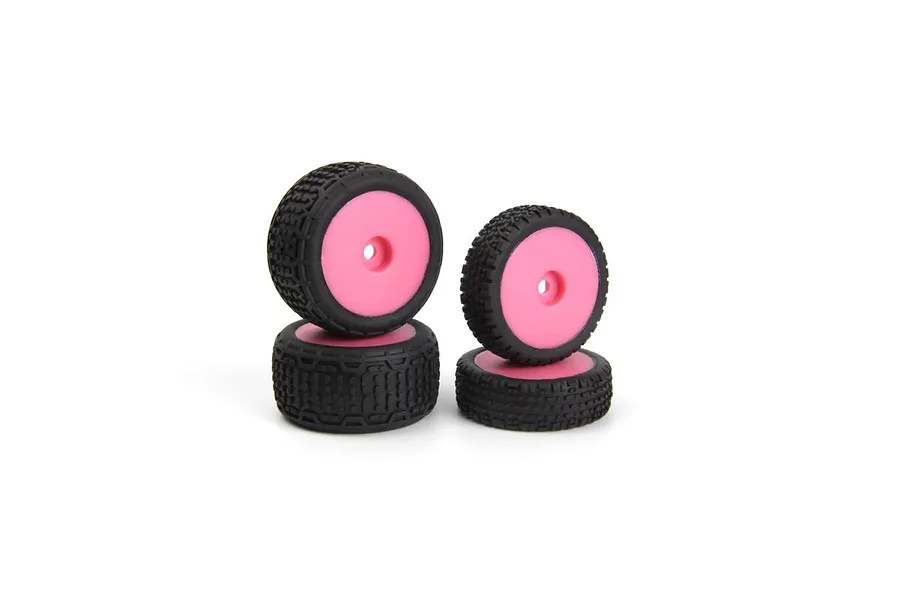 Four RC buggy wheels with black rubber treaded tyres and bright pink dish rims, arranged in two stacks on a white background.