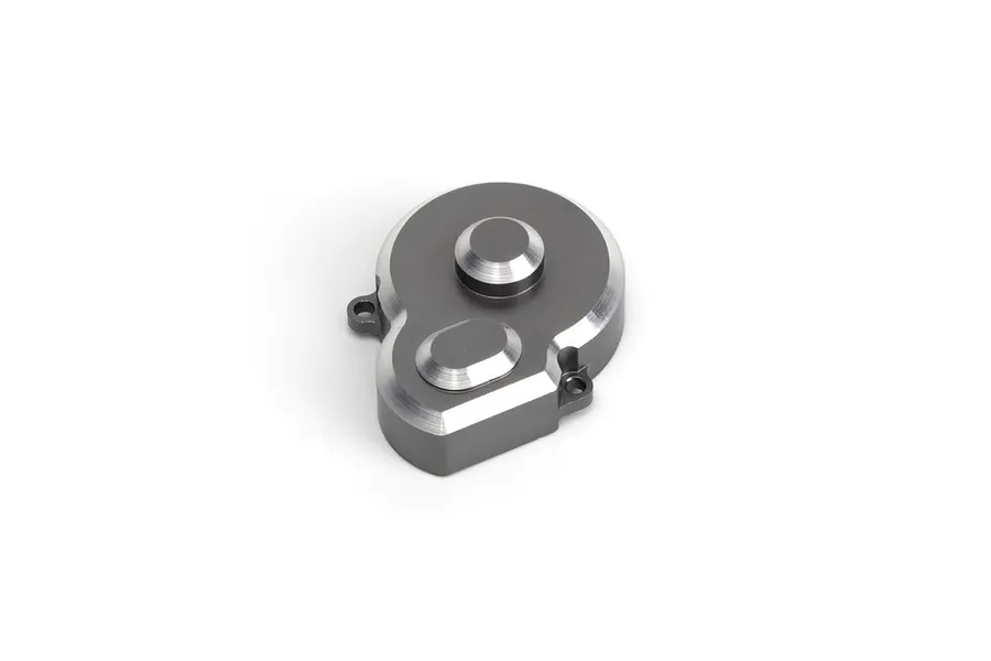 A grey anodized aluminium spur gear cover for Maverick RC vehicles, featuring a machined finish and mounting points.