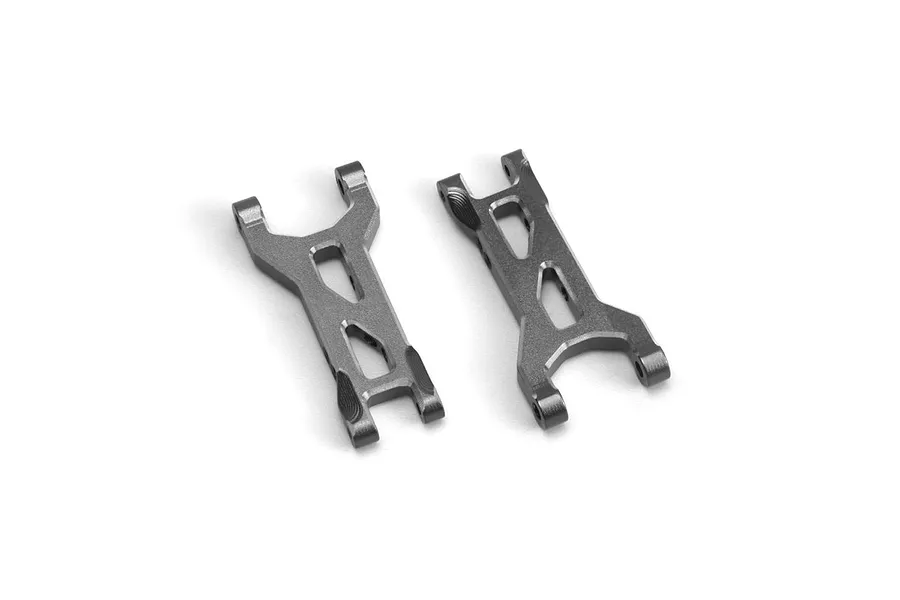 Two grey aluminium rear suspension arms for Maverick RC vehicles, shown from a top-down perspective on a white background.