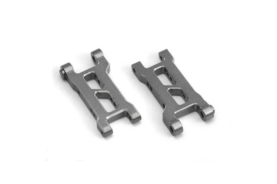 Two grey aluminium front suspension arms for Maverick RC vehicles, shown from an elevated angle on a white background.