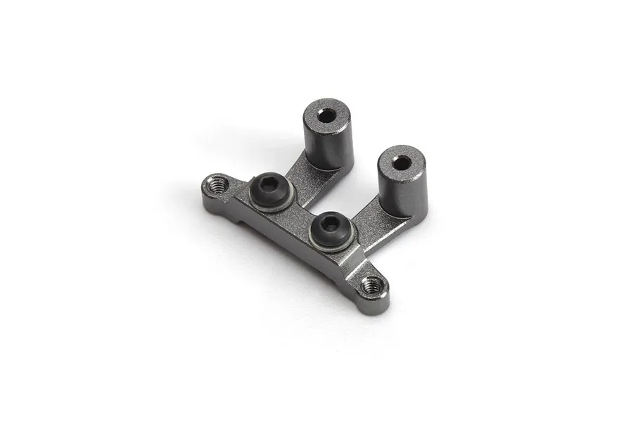 A grey aluminium steering bellcrank component for an RC car, featuring two vertical posts and two black hex screws.
