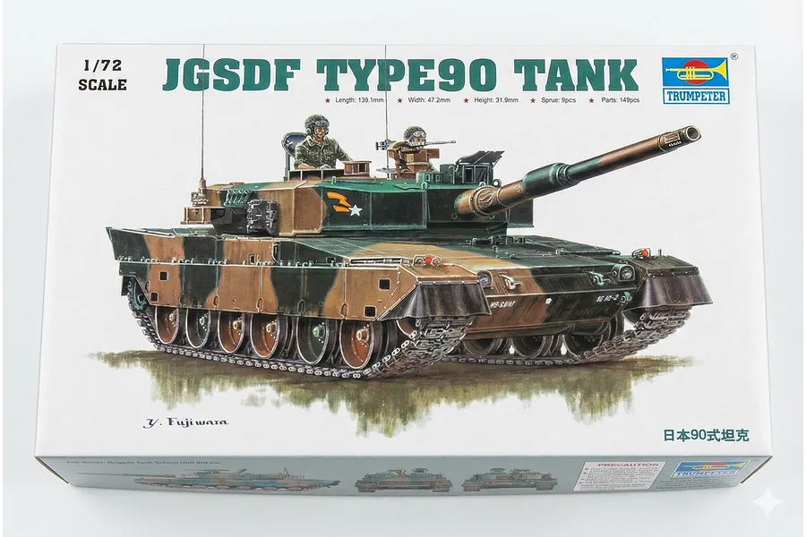 Trumpeter 1/72 scale JGSDF Type 90 tank plastic model kit box featuring an illustration of the tank in camouflage.