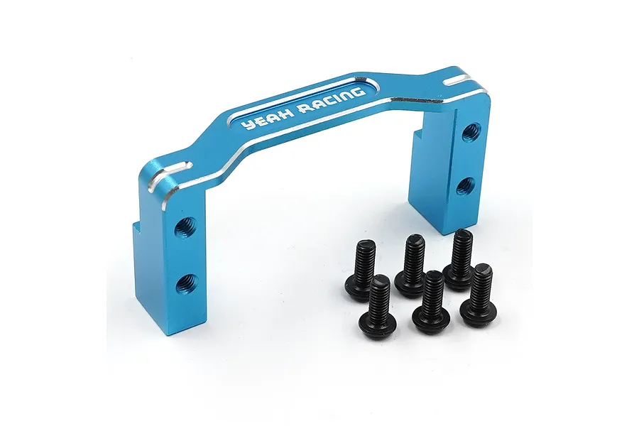 A blue anodized aluminium servo mount by Yeah Racing with six black mounting screws on a white background.