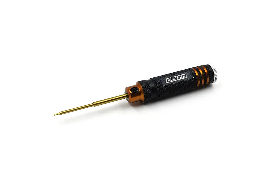A Yeah Racing 0.9mm hex driver with a gold-coloured tip and a black and orange knurled aluminium handle.